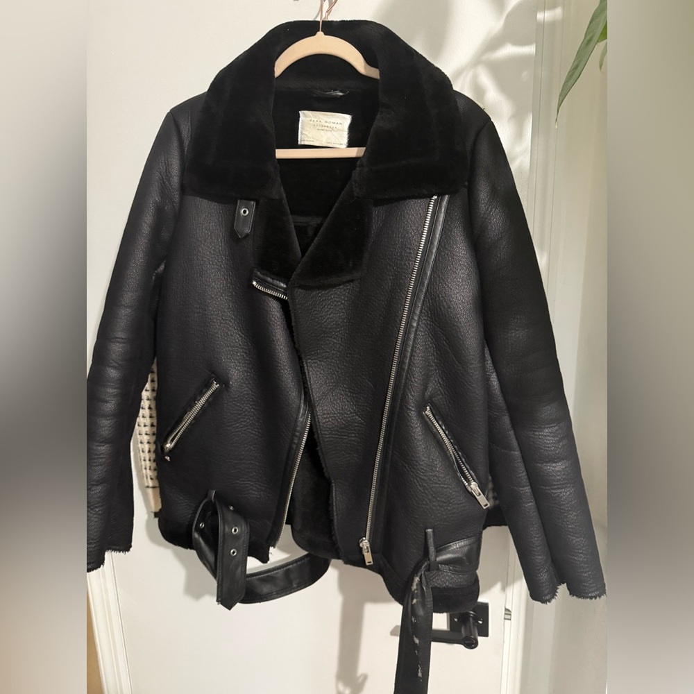Zara Black Leather Jacket with Shearling Collar